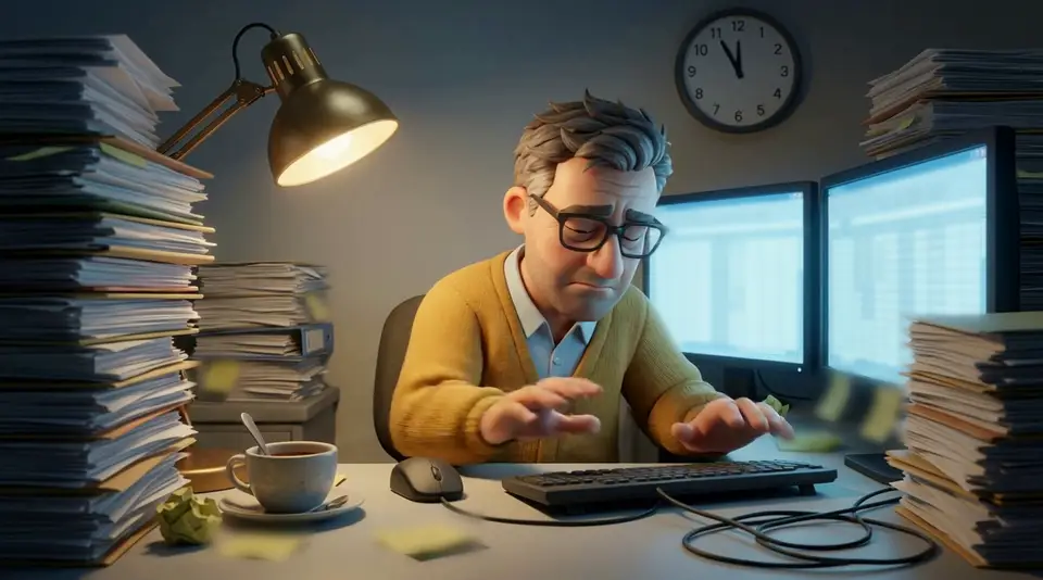 A business owner in a mustard cardigan, buried in paperwork at a desk late at night.